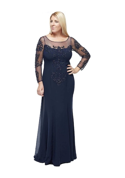 Moda Berray 8028 Uzun Kollu Arkası Şifon Kuyruklu Abiye Elbise Lacivert Lacivert