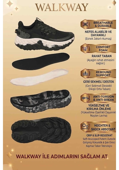 Walkway Siyah Beyaz Fileli Hafif Esnek Hafızalı Taban Unisex Spor Ayakkabı Flystep G Siyah - Beyaz