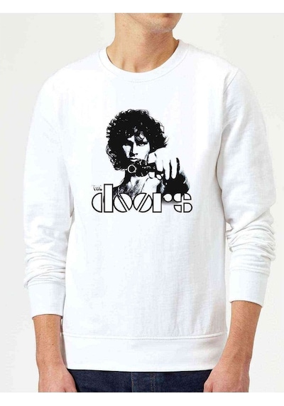 The Doors Solist Baskılı Beyaz Erkek Örme Sweatshirt