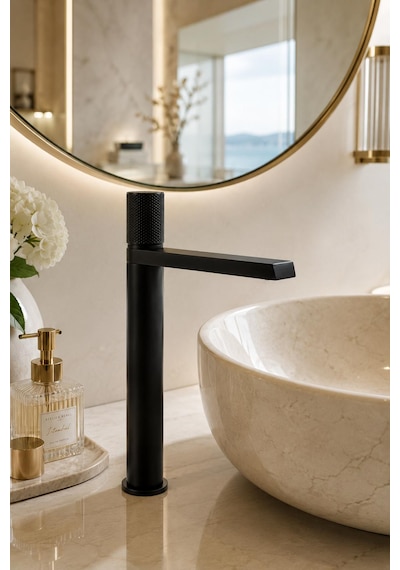 Fontana Fk-9125 Mat Siyah Yüksek Lavabo Bataryası Şık Tasarımlı Siyah Lavabo Bataryası