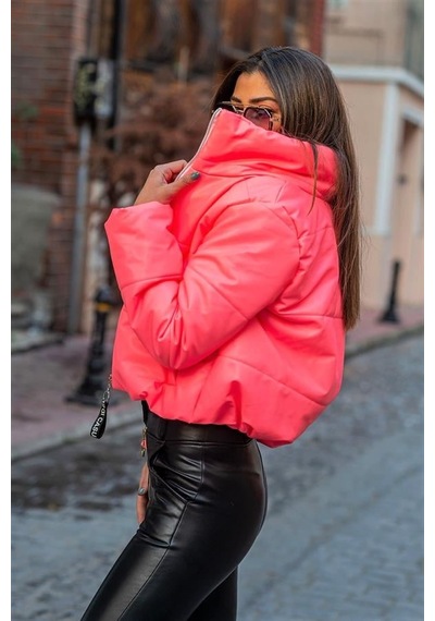 Pembe Dik Yaka Kısa Deri Şişme Mont