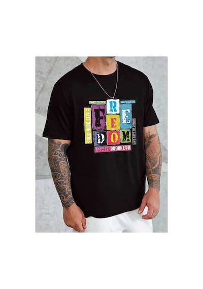 Medinenur Feedom Baskılı Unisex Bisiklet Yaka Tshirt Siyah