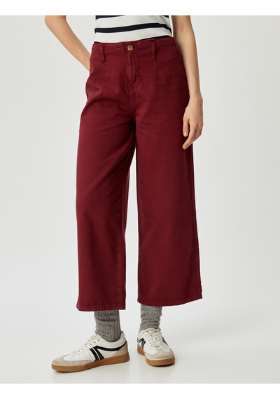 Koton Geniş Kısa Paça Pantolon Yüksek Bel Düğmeli - Wide Leg Jean Bordo 5wal40037mw Bordo