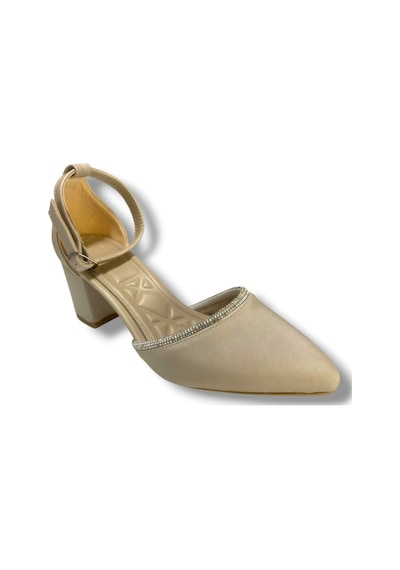 C-shoes 105-25 Saten Ağzı Taşlı Kalın Topuk Kadın Ayakkabı Krem