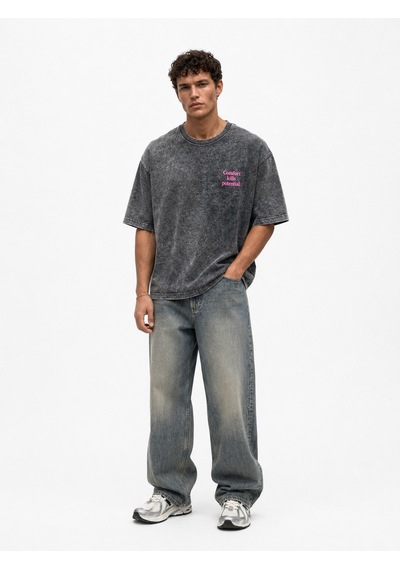 Respire Erkek Puf Baskılı Yıkamalı Oversize T-shirt Siyah