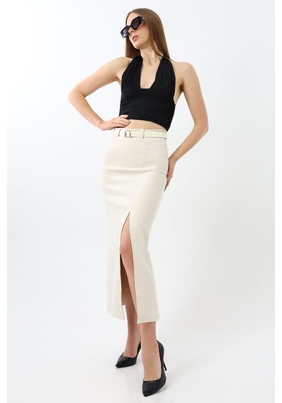 Winmoda34 Kadın Uzun Kemerli 92cm Maxi Boy Yırtmaçlı Süet Etek Ekru