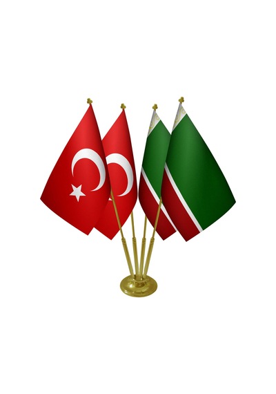 Masa Üstü Çeçenistan Bayrağı Türk Bayrağı Dörtlü Pirinç Direk Mas