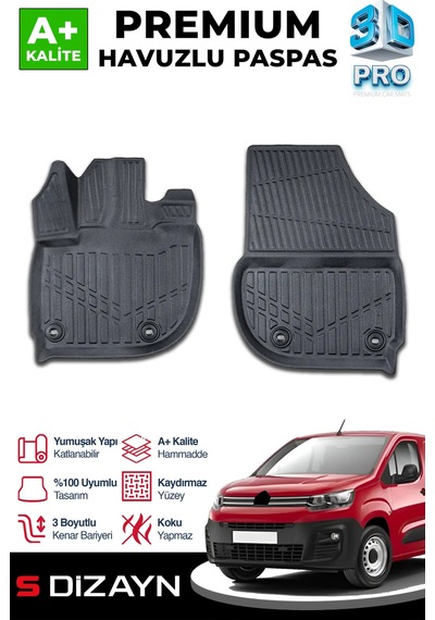 S-dizayn Citroen Berlingo Panelvan 3d Pro Havuzlu Ön 2'li Paspas 2019 Üzeri A+ Kalite