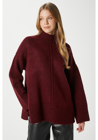 Ritnice Kadın Wonder Yumuşacık Dik Yaka Bordo Yırtmaçlı Oversize Triko Kazak Bordo