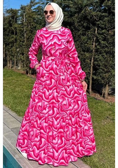 Rabia Şamlı Su Desenli Elbise Pembe Normal