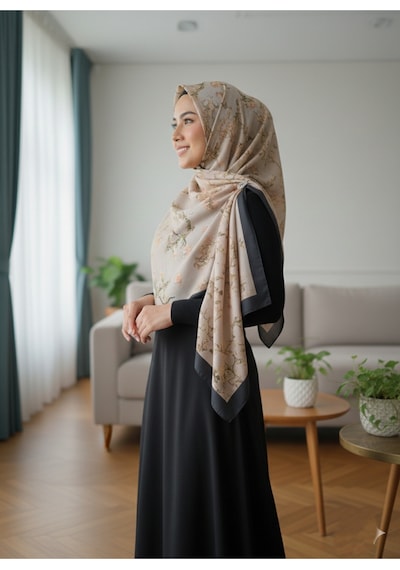 Eyfel Pamuklu Soft Özel Seri Şal Etnik & Çiçekli Desen, Orjinal, Tesettür Giyim, Yeni Koleksiyon Bej - Siyah