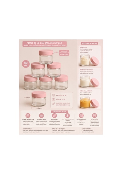 3 Lü Mini Cam Kavanoz 41 Ml Silikon Kapaklı Mama, Baharat, Reçel Ve Sos Saklama Kabı Pembe
