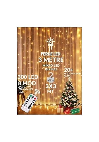 3x3 Metre Perde Led Işık, 300 Ledli 10 Sarkıtlı Dekoratif Peri Led, Uzaktan Kumandalı Ve 8 Fonksiyonlu, Usb Girişli Günışığı Sarı Duvar Ve Perde Aydınlatması Enerji Sınıfı A