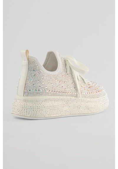 Mubiano Kadın Sneaker Taş Detaylı Kalın Tabanlı Diamond Beyaz Beyaz