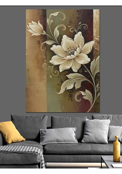 Ahşap Tablo Tek Beyaz Çiçek Art Deco Fon