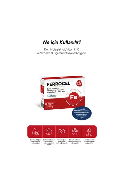 Dr. Henri Ferrocel Demir Bisglisinat Vitamin D3 ve Vitamin C 30 Kapsül