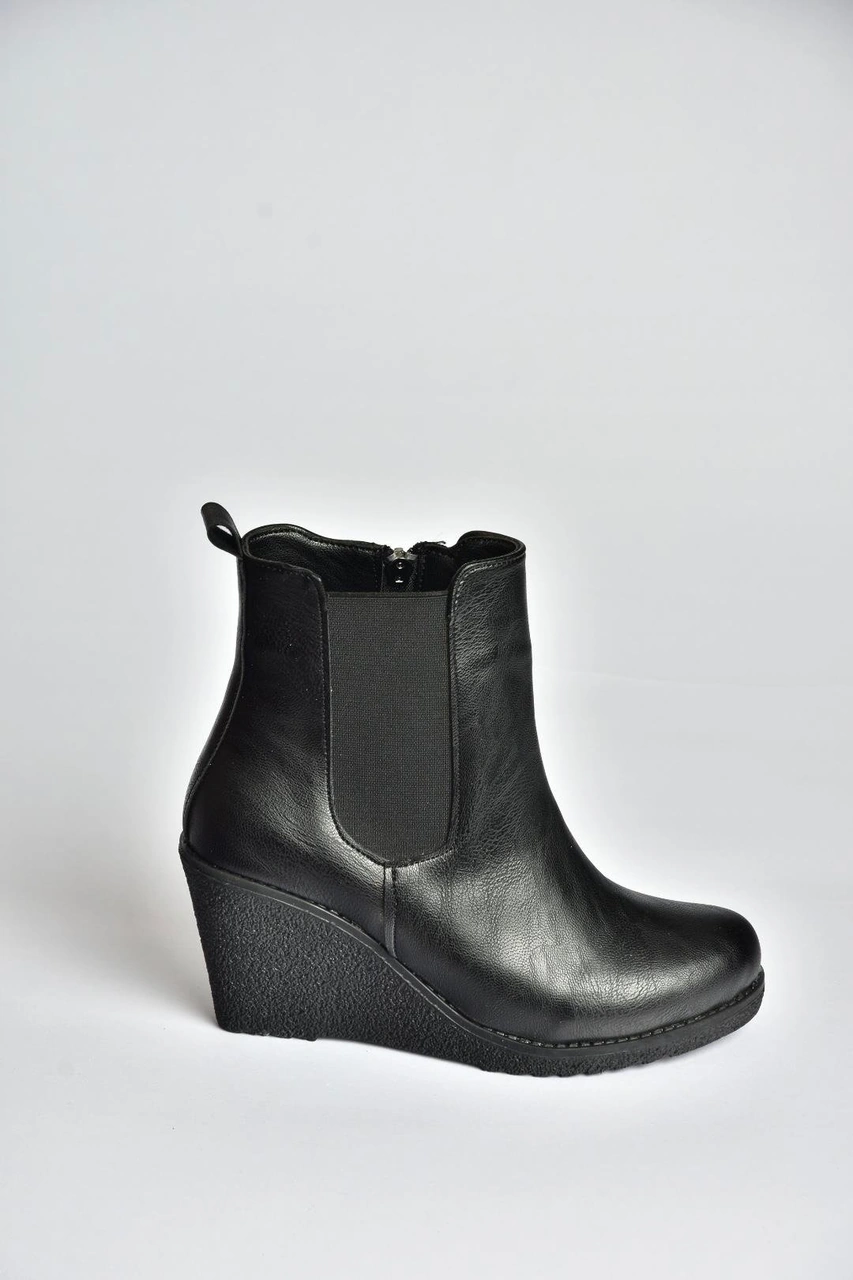 Fox Shoes V361197009 Siyah Dolgu Topuklu Kadın Bot Siyah-Suni Deri