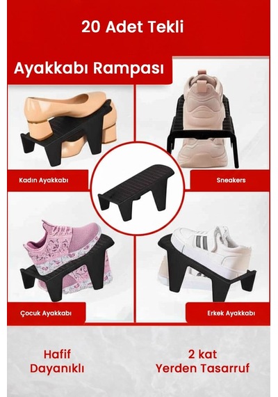 20 Adet Tekli Ayakkabı Rampası, Dolap İçi Düzenleyici, 2 Kat Yer Açan Ayakkabılık Organizer Siyah