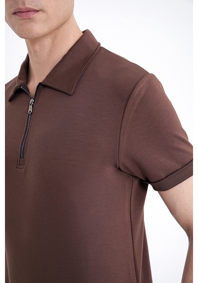 Efor Slim Fit Esnek Pamuklu Fermuarlı Kahverengi Polo Yaka Tişört Ts 926