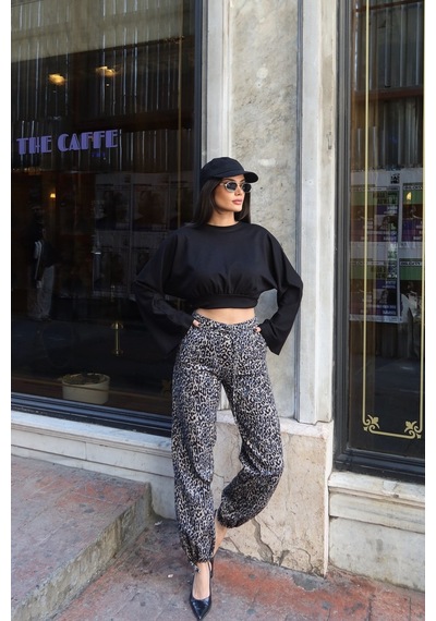 Kechi Woman Gabardin Kumaş Desenli Pantolon Gri Leopar