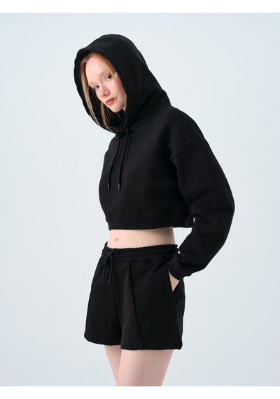 Loose Crop Kadın Sweatshirt Siyah