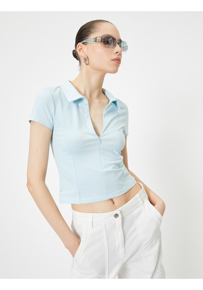 Koton Fermuarlı Polo Tişört Kısa Kollu Slim Fit Mavi 4sal11064ık Mavi