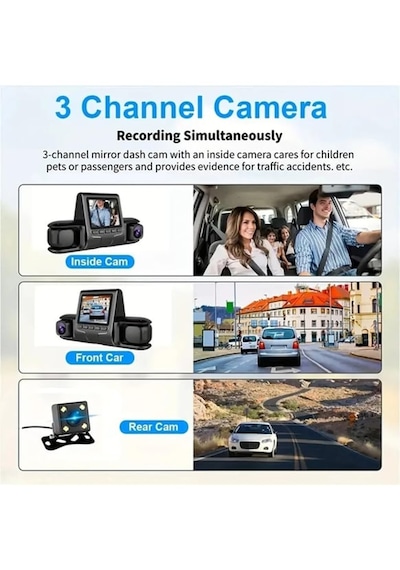 Araç Kamera Dash Cam Glr-007 Ön Arka Ve Araç İçi 3 Kamera Dvr 3 İnç Ekran 1080p Hd Araba Kamera