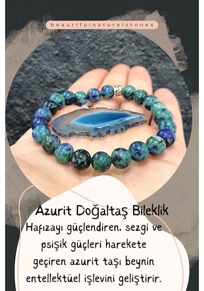 Azurit Doğaltaş Bileklik Akik Taş Hediyeli 8 Mm Hafıza Güçlendirici / Sezgi Ve Psişik Güç Çok Renkli