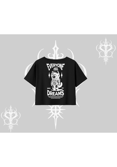 Tarzsokak Everyone Has Dreams Yazılı Astronot Kedi Arka Baskılı Oversize Crop Tshirt Siyah