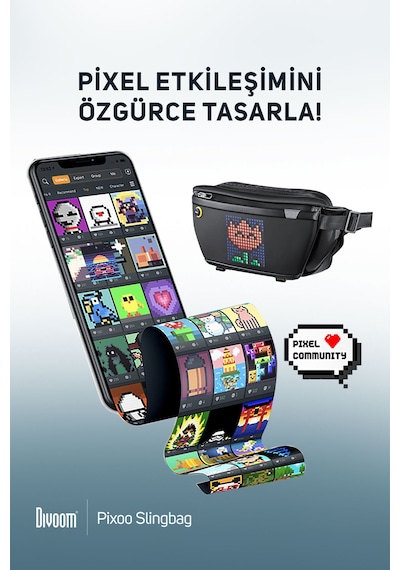 Divoom Pixoo Slingbag Siyah LED Ekranlı APP Kontrollü Su Geçirmez Bel Çantası- Çapraz Çanta Siyah