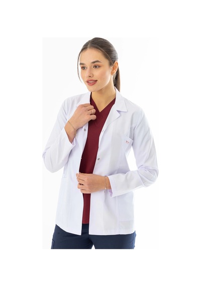 Spor Yaka Kulplu Kadın Doktor Önlüğü Alpaka Kumaş Ceket Boy Bko005 Beyaz