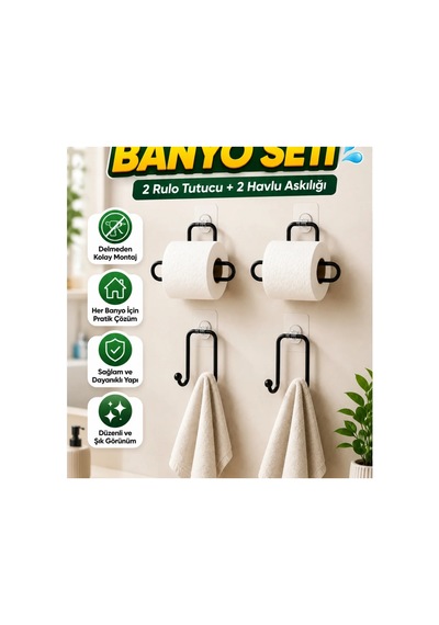 Yapışkanlı Banyo Ve Mutfak Düzenleme Seti 2 Rulo Kağıt Tutucu + 2 Havlu Askılığı, 4 Parça Çok Renkli