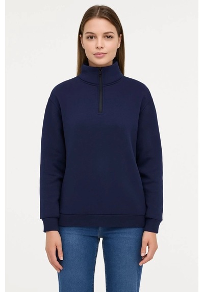 Valensdesign Üç İplik Dık Yaka Yarım Fermuarlı Sweatshirt - Lacivert