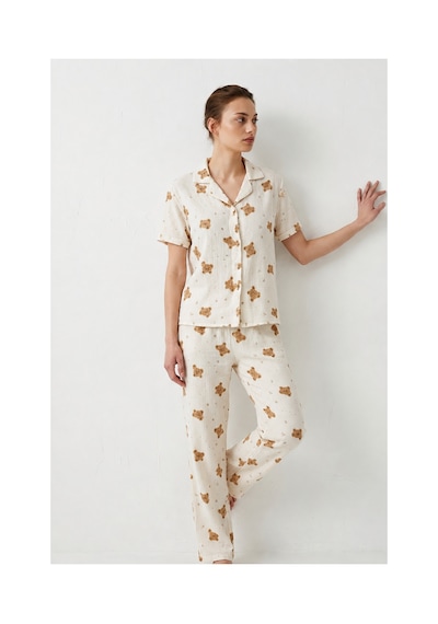 Fit Women V Yaka Kapama Lastik Bel Kar Beyaz Pijama Takımı Kırık Beyaz