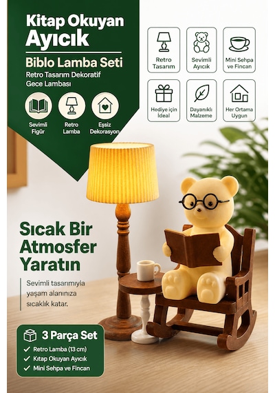 Kitap Okuyan Ayıcık Biblo Lamba Seti - Retro Tasarım Dekoratif Gece Lambası + Mum Hediye 11,5cmx4,2cmx12cm
