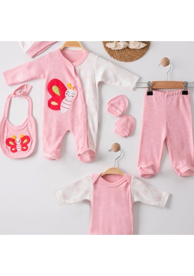Candar 3 Ay Kelebek Nakış Tulumlu Kız Bebek 5'li Set Pembe