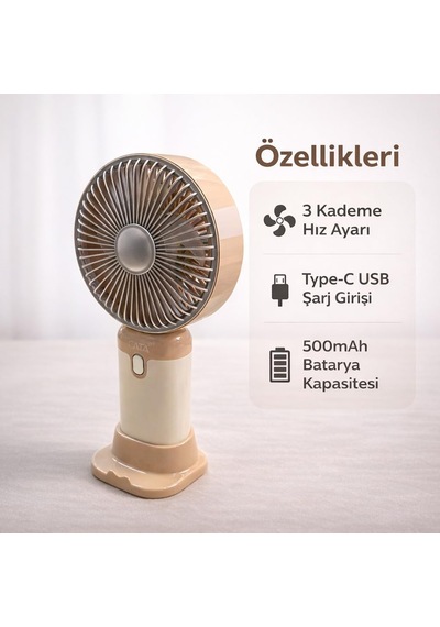 Şarjlı El Vantilatörü 3 Kademeli Hız Ayarlı Mini Fan Taşınabilir Cep Fanı, Type-c Usb Şarjlı 500mah 2w Se