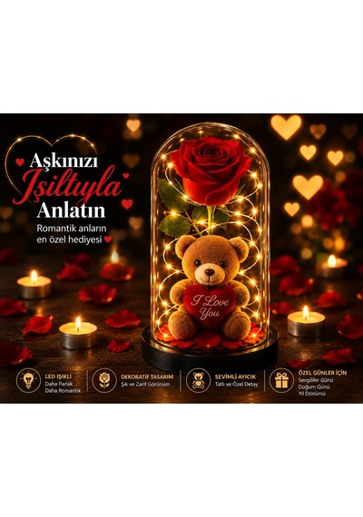 Led Işıklı Fanusta Yapay Gül Ve Lüks Peluş Ayıcık Dekoratif Romantik Sevgililer Günü Hediyesi 20 Cm Hediyelik Eşya