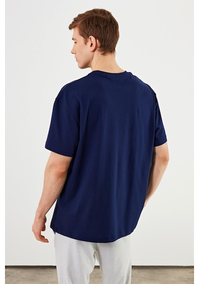 Leo Erkek Oversize Tshirt %100 Pamuk Bisiklet Yaka Baskı Detaylı Basic Tişört Mtlce85 Lacivert