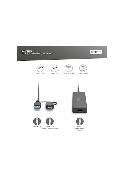 Usb Hub - 4 Bağlantı Noktası - Usb 3.0-4x Usb-a - 1x Usb-c Güç Konektörü - 5 Gbit/s'ye Kadar -