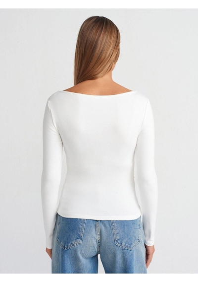 Dilvin 31401 Büzgülü Kayık Yaka Top-ekru-872 Ekru