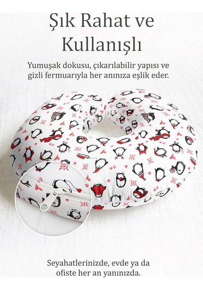 Sevimli Penguen Desenli Pamuklu Boyun Yastığı - Kış Temalı Beyaz Kırmızı Yumuşak Seyahat Yastığı Pastel Kanyon Kehribar