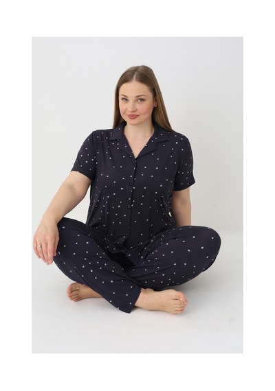 Estiva Kadın Puantiyeli Lacivert Kısa Kollu Önden Düğmeli Soft Battal Pijama Takımı Çok renkli