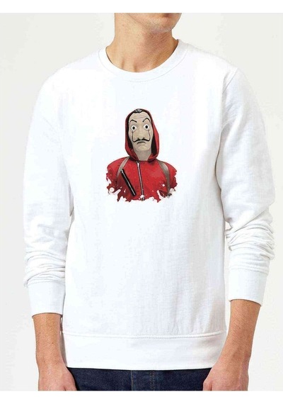 La Case De Papel Baskılı Beyaz Erkek Örme Sweatshirt (530947926)
