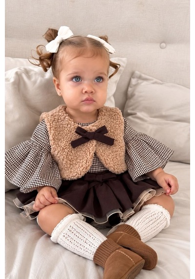 Minigimin Cicileri Peluş Yelekli Ekose Bluzlu Etekli Bloomer Kız Bebek 3 Lü Takım - Kahve