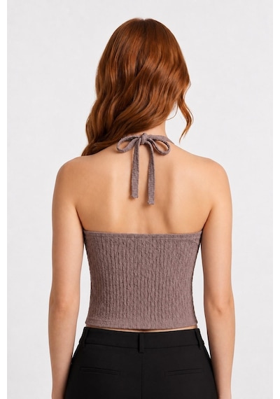 Cottonhıll Premium - Tide Collection Vizon Halter Yaka Boyundan Bağlamalı Bürümcük Dokulu Kadın Crop Bluz VİZON Cottonhıll Premium - Tide Collection Vizon Halter Yaka Boyundan Bağlamalı Bürümcük Dokulu Kadın Crop Bluz VİZON