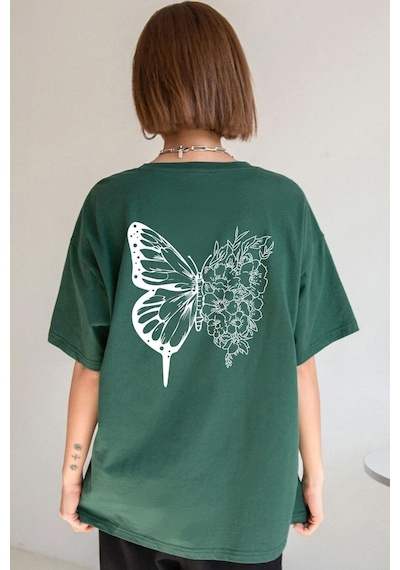 Flood Of Style Unisex Drawing Butterflies Tasarım T-shirt Yeşil