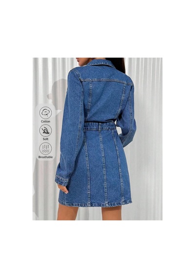 Kene Jeans Kadın Mavi Ön Pensli Lazer Yırtık İşlemli Kot Elbise Mavi