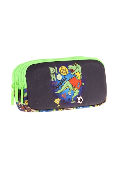 Kaukko Kids Yeşil Siyah, Dinazor Baskılı, Erkek Çocuk Üç Bölmeli Okul Kalem Çantası - L8266 Yeşil - Siyah