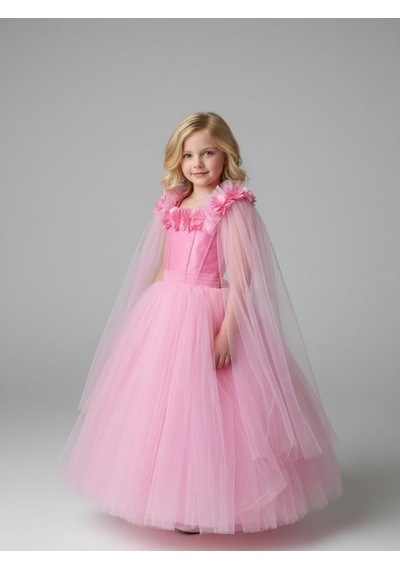 Zekids Kız Çocuk Kol Detaylı Prenses Model Abiye Elbise-17245 Pembe